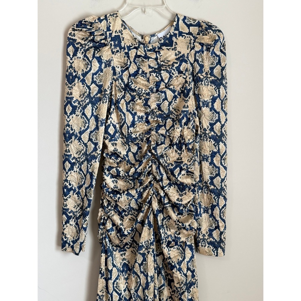 NWT Ganni Midi Dress Womens 6 Blue Tan Snakeskin Ruched Puff Sleeve - Picture 9 of 15
